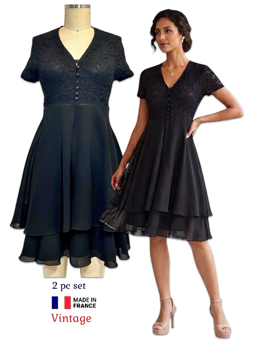 Vintage 90s Jaune Paille Made in France Black Stretch Lace Tiered Skirt Set 1
